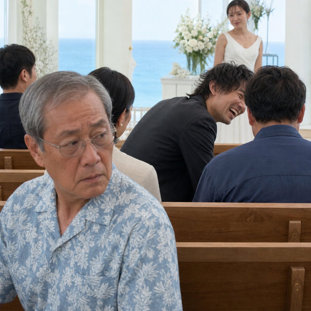 In a chapel, an older man looks tense as a wiry man in a suit laughs and whispers during the rehearsal.