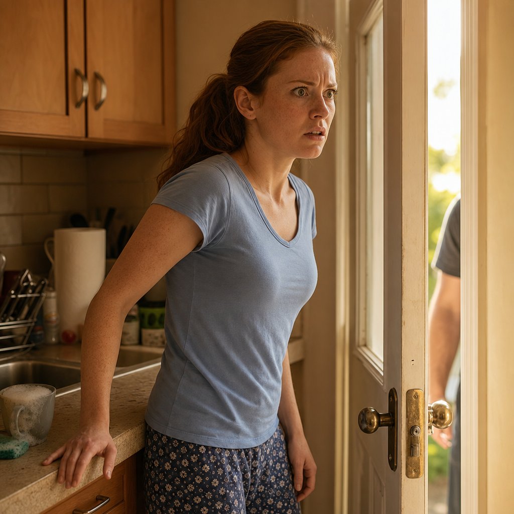 A woman freezes in a kitchen as a back door starts to open, realizing she’s been overhearing.
