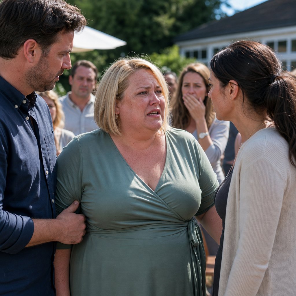 A freckled blonde woman turns angrily toward a dark-haired man holding her arm while a slim dark-haired woman faces them with tear-bright intensity.