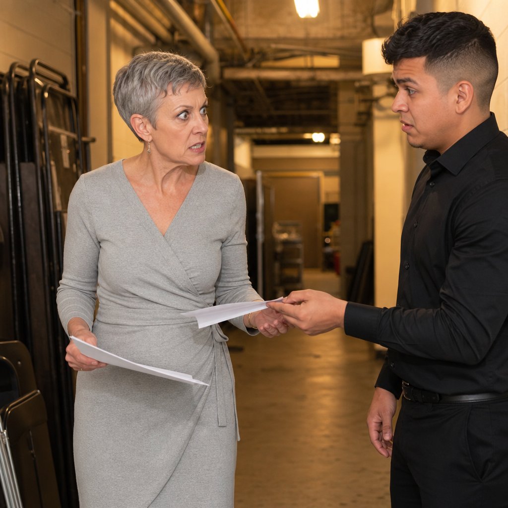 A nervous vendor hands the bride-to-be an extra sheet of paperwork as she stares in anger and disbelief.