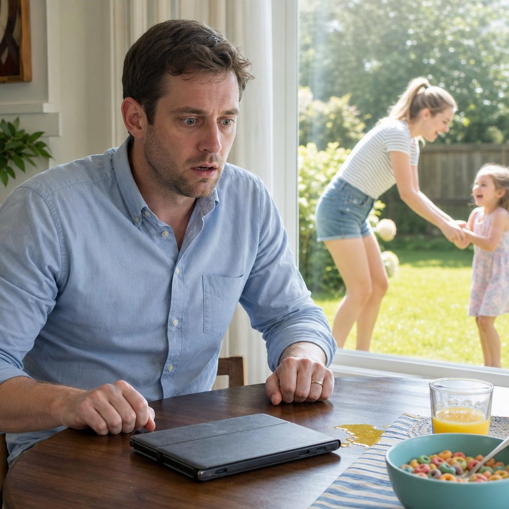 A man sits shocked at the table while a tablet lies face-down and Tessa plays with a child outside the window.