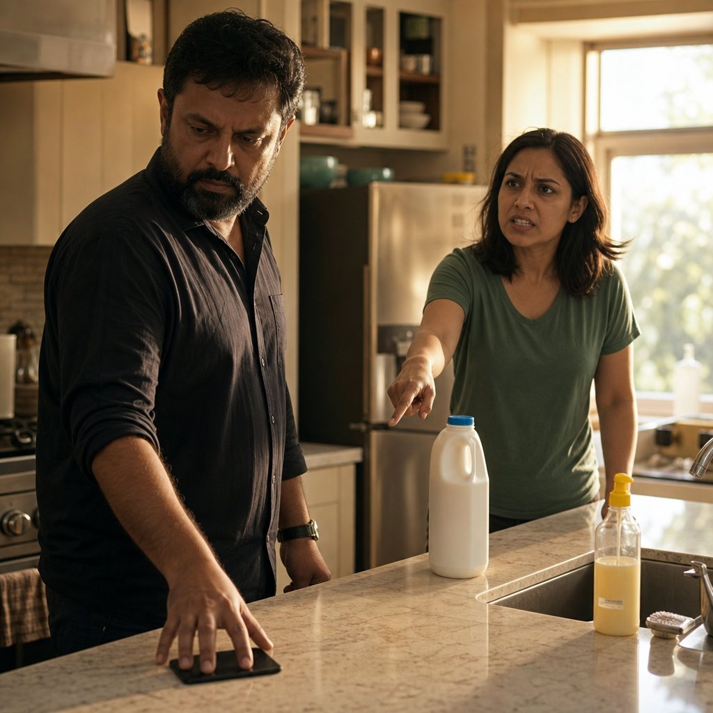 In a kitchen, a bearded South Asian man reaches for a phone while a woman points at it, angry and shaken.