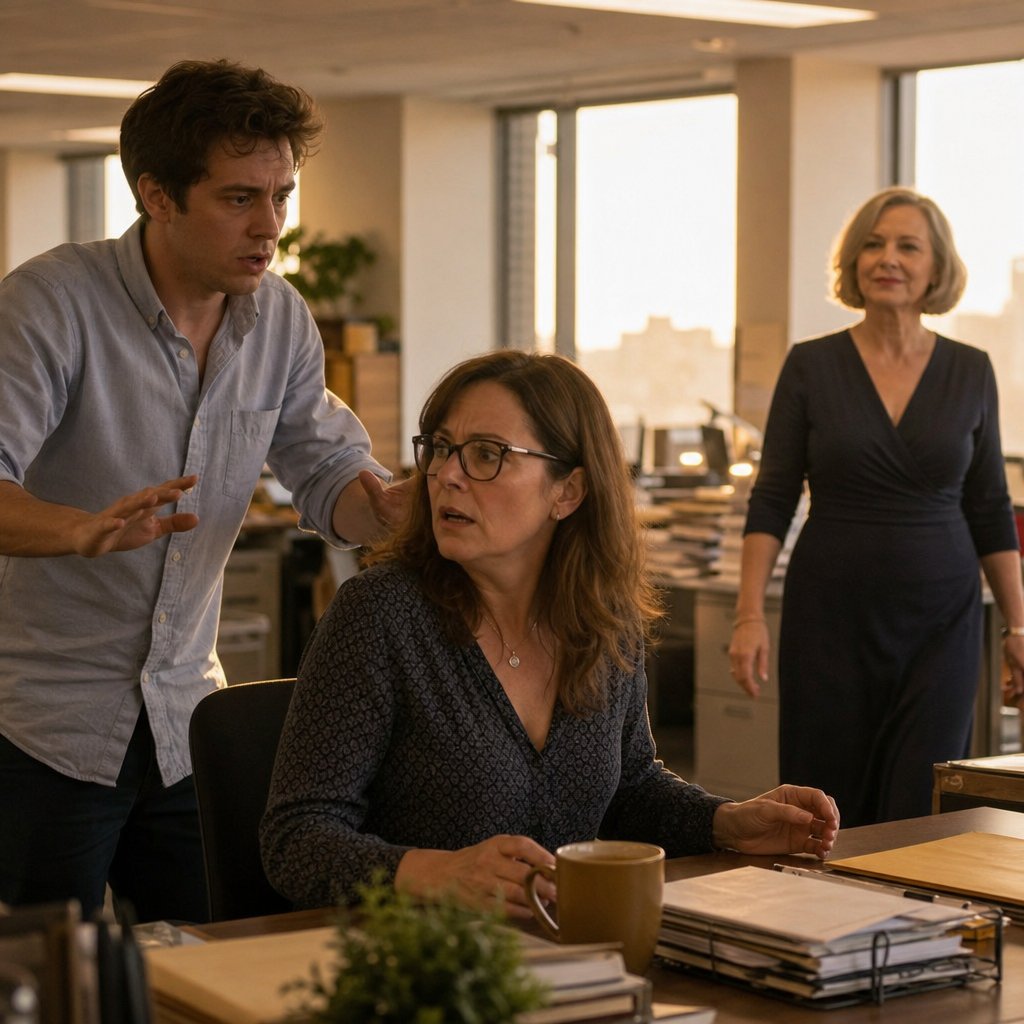 A nervous young analyst whispers to a woman in glasses as the CEO’s assistant approaches in the background.