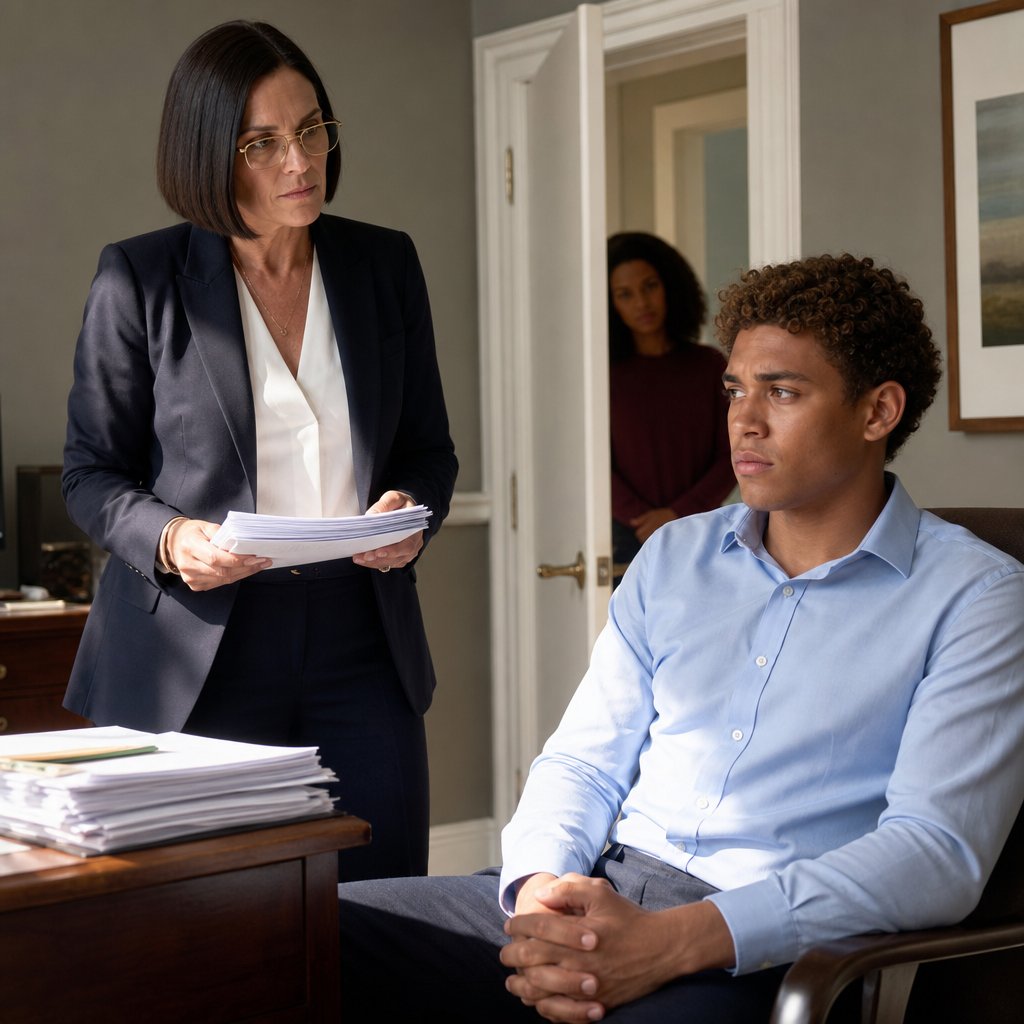 Mara sits in his lawyer’s office as she reacts to Evan’s aggressive legal response about “privacy.”