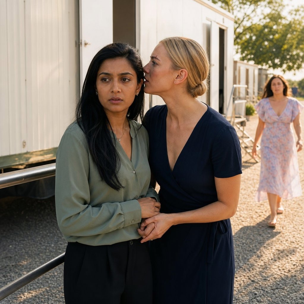 Outside by restroom trailers, a blonde woman grips the narrator’s wrist as someone approaches from around the corner.