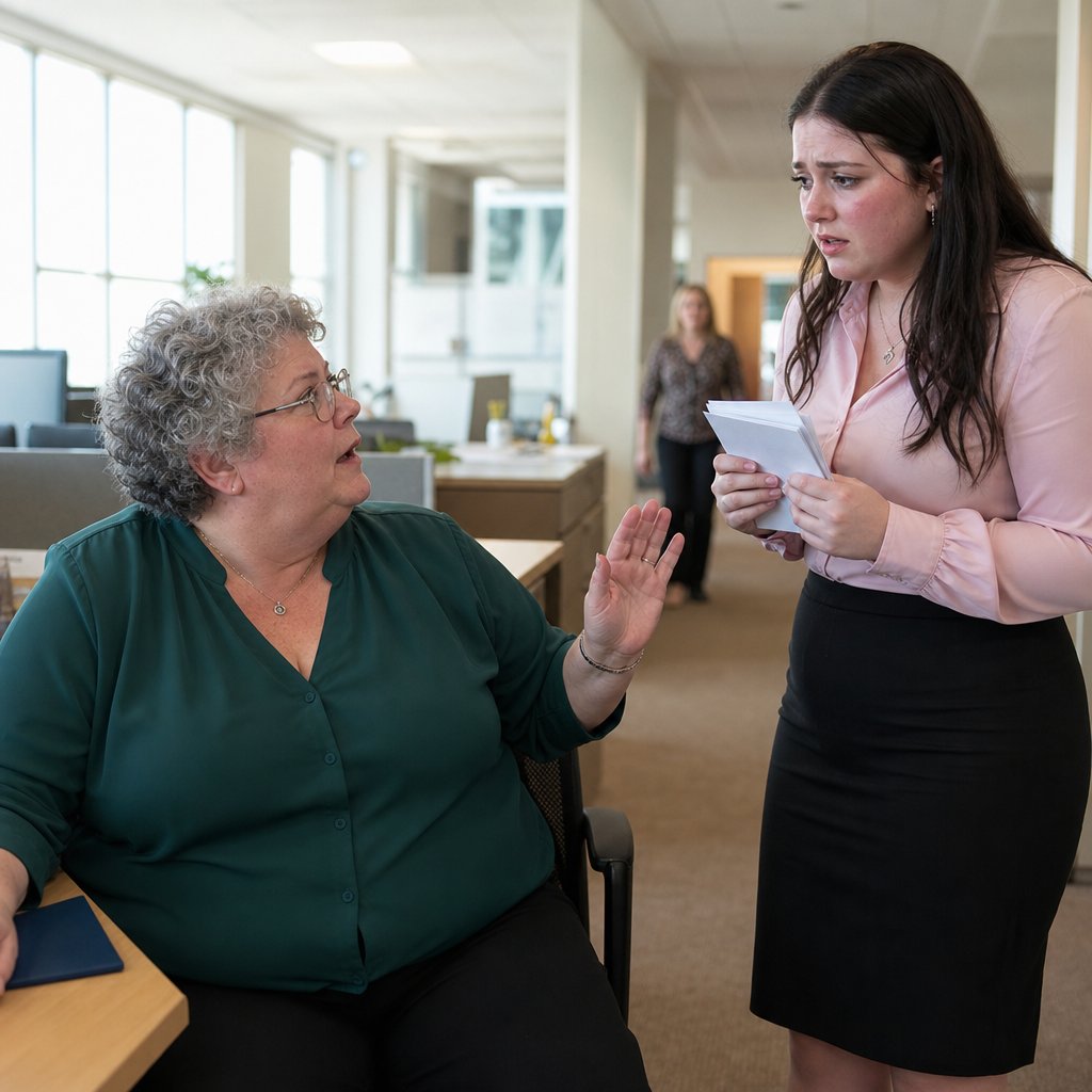 A nervous young woman clutches papers while a gray-haired manager tries to calm her at a desk.