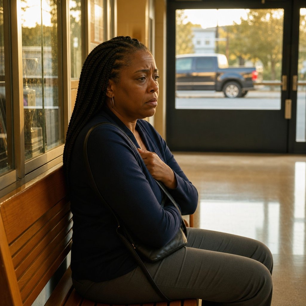 A woman with long box braids sits on a school bench looking shaken as a pickup truck arrives outside.