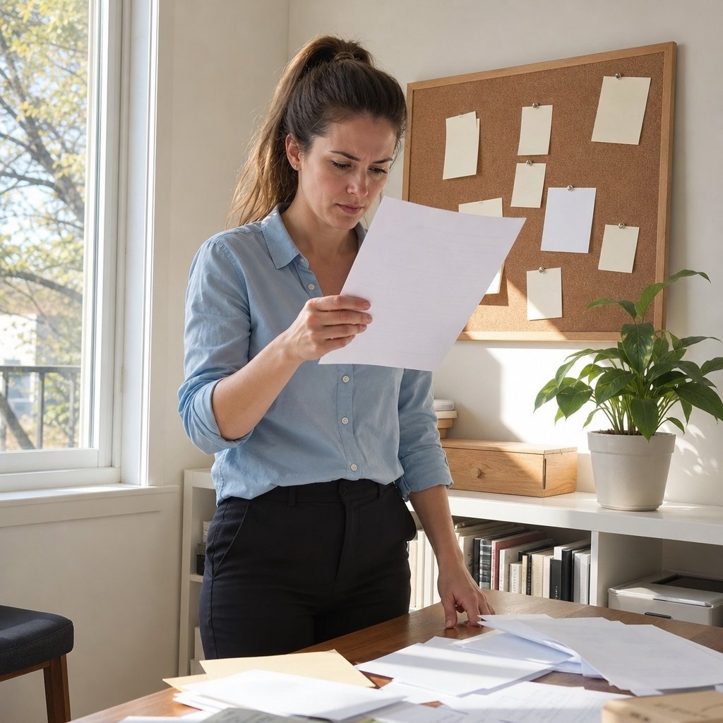 Lena studies a vendor list sheet intensely, phone face-down on the desk as she hesitates to call.