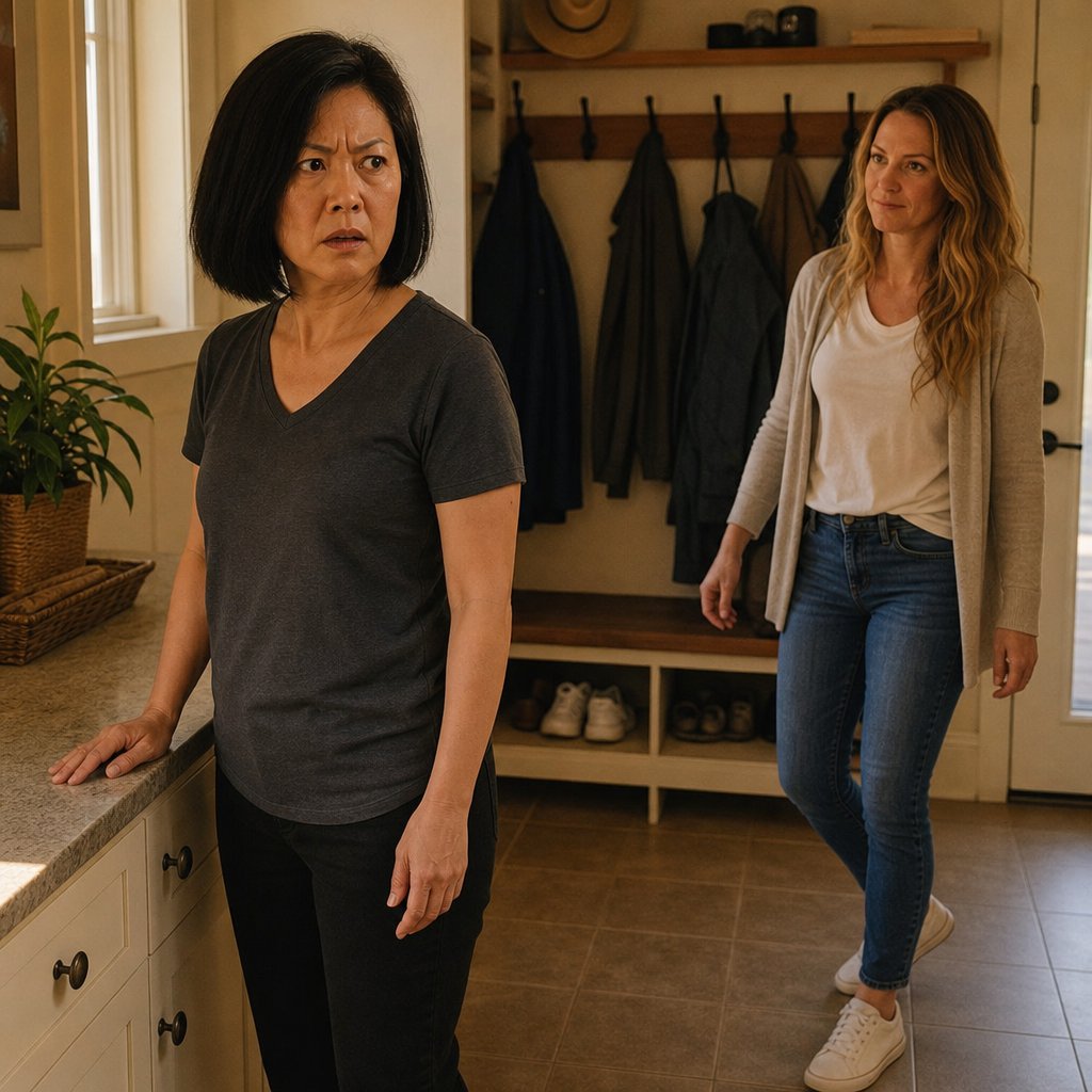 A woman confronts her houseguest in the mudroom as the houseguest steps closer with a tight smile.