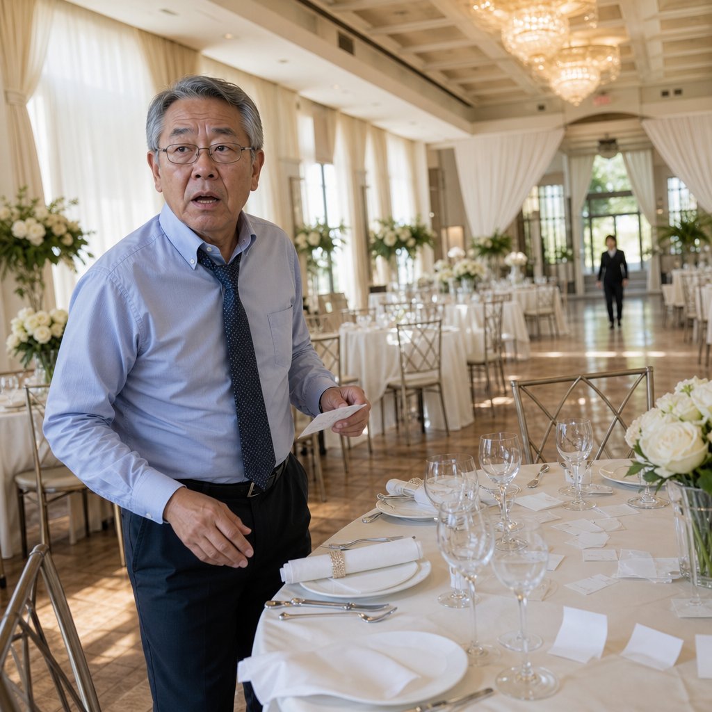 In an empty wedding ballroom, an older man holds a place card as a distant figure walks toward him.