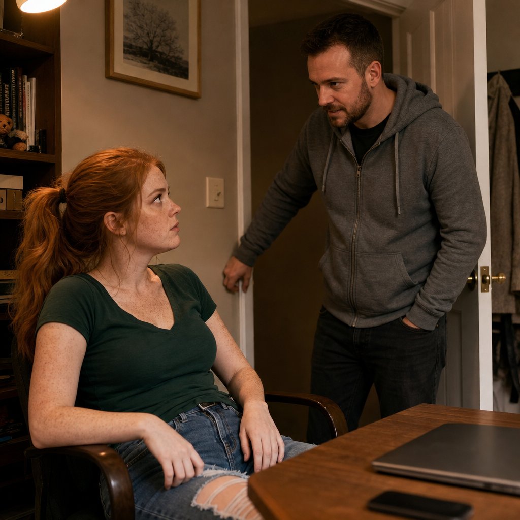 A woman looks up tensely as a man enters a room and watches her suspiciously.