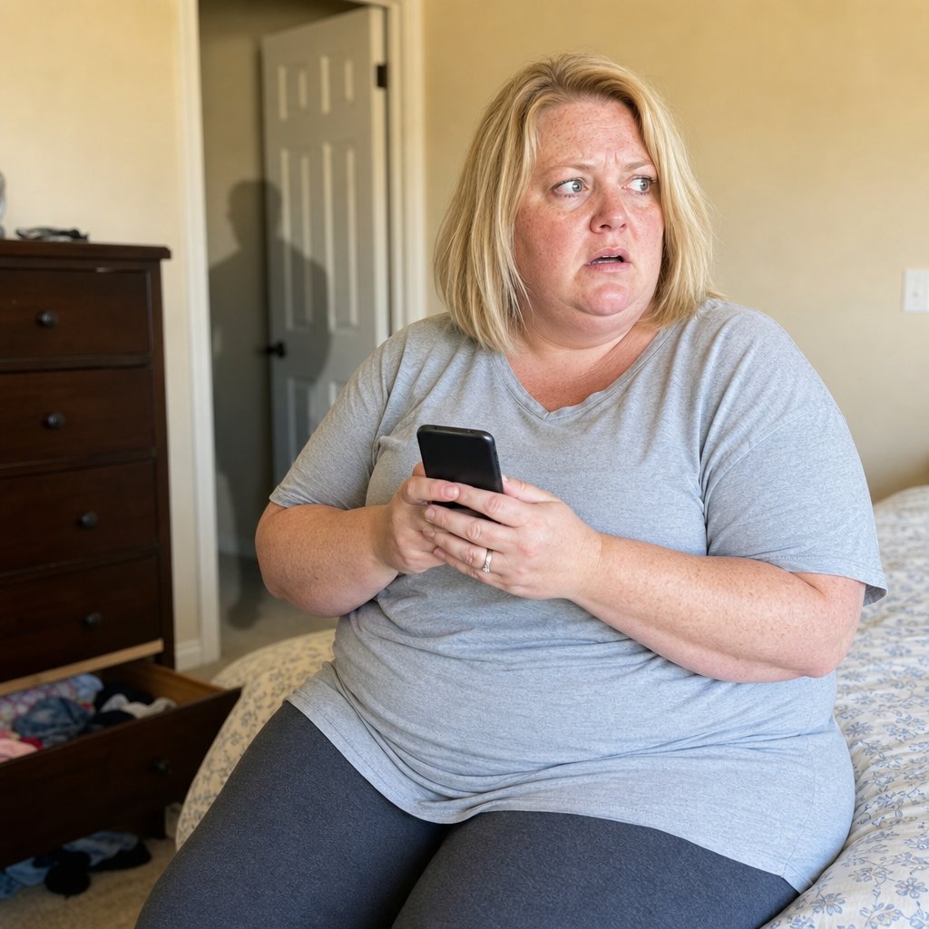 In a bedroom, a freckled blonde woman sits on the bed holding a plain black phone as an open dresser drawer gapes and someone seems to be approaching from the doorway.