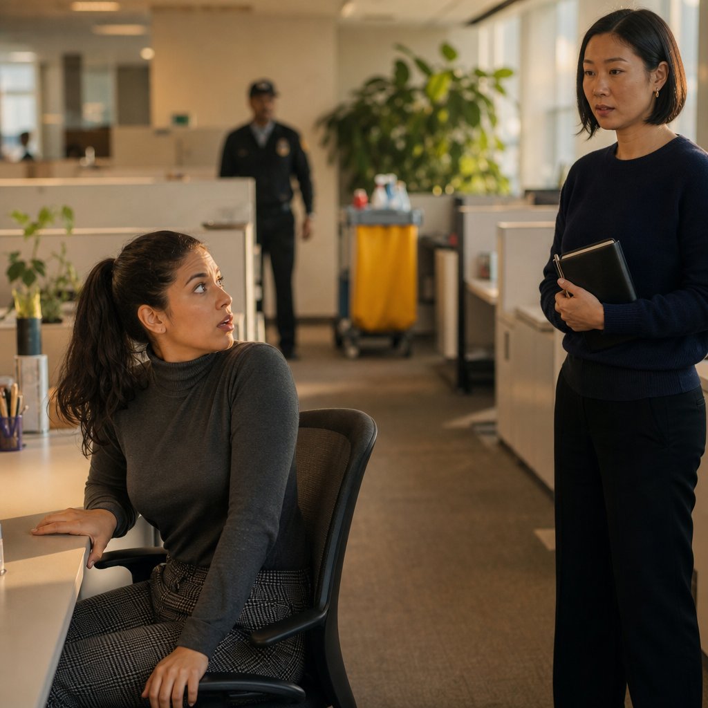 Lena approaches Mara’s desk after hours and confronts her as Mara turns around, caught off guard.