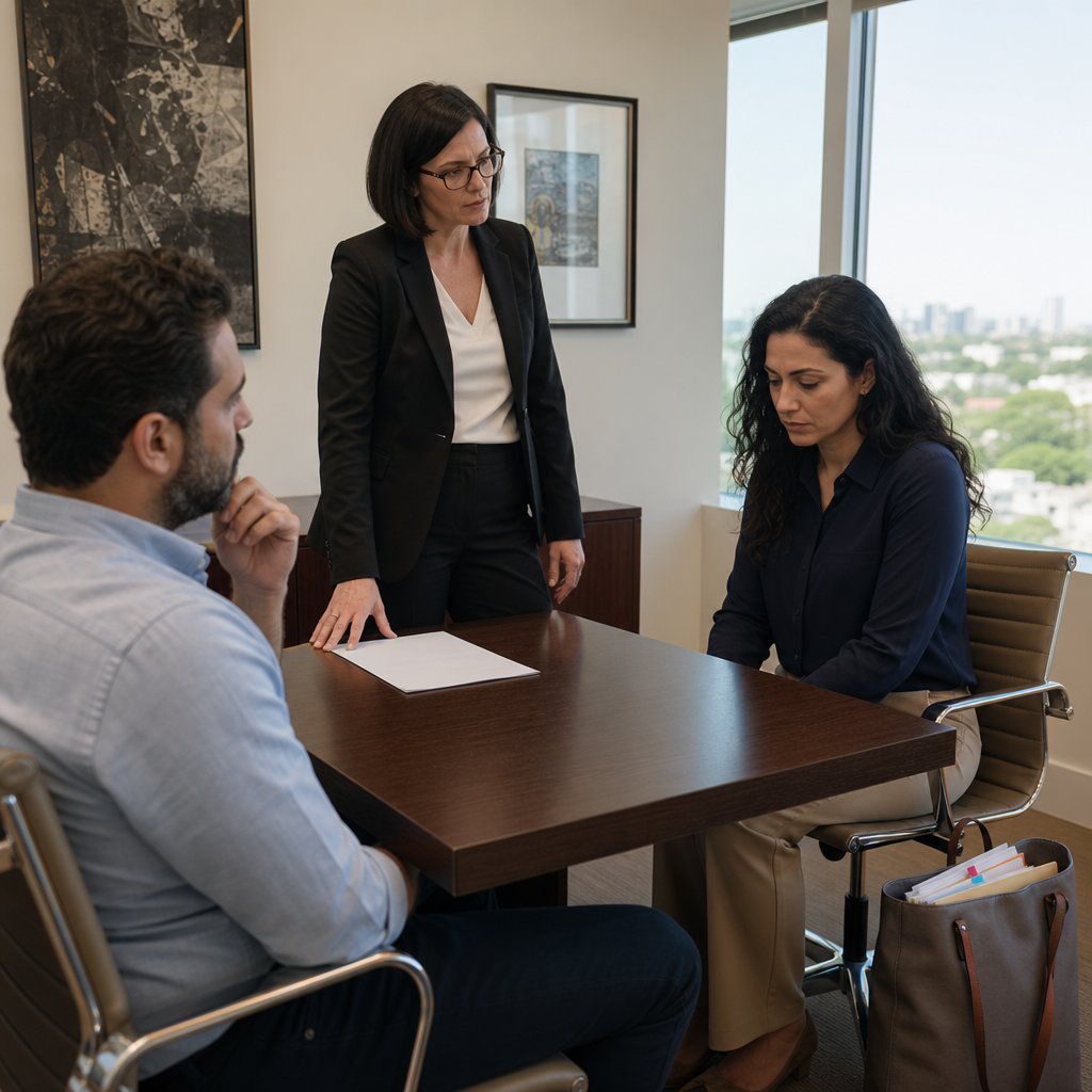 Dana stands with a hand on a document while Claire stares at a face-down buzzing phone, tension rising.