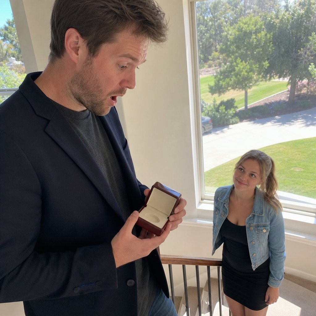 A man holds an open jewelry box at the top of the stairs while Tessa smiles up from below.