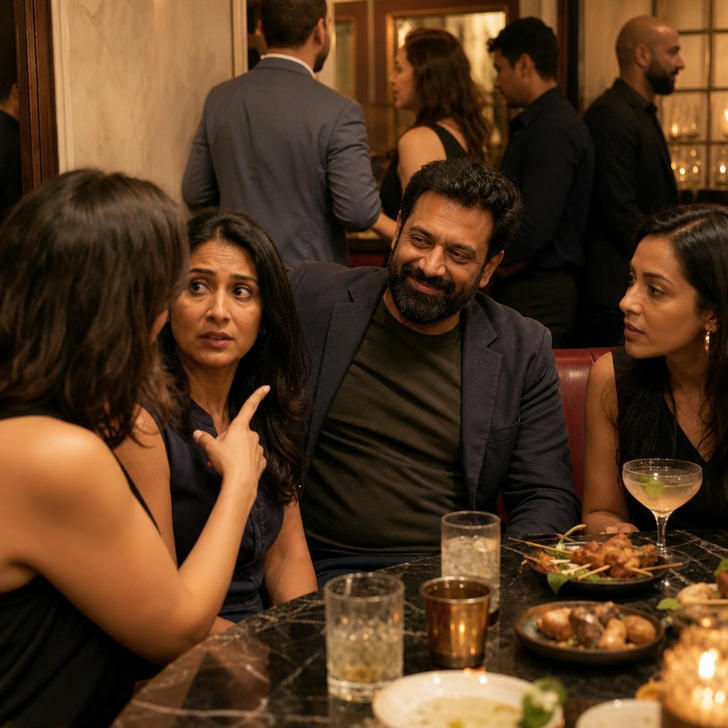In a bar booth, a woman turns to confront a startled friend while a bearded South Asian man smiles tightly and a glossy-haired woman watches.