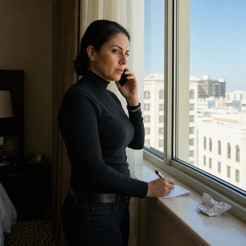 Maren stands by a hotel window on a tense call, gripping a pen as she confirms a devastating detail.