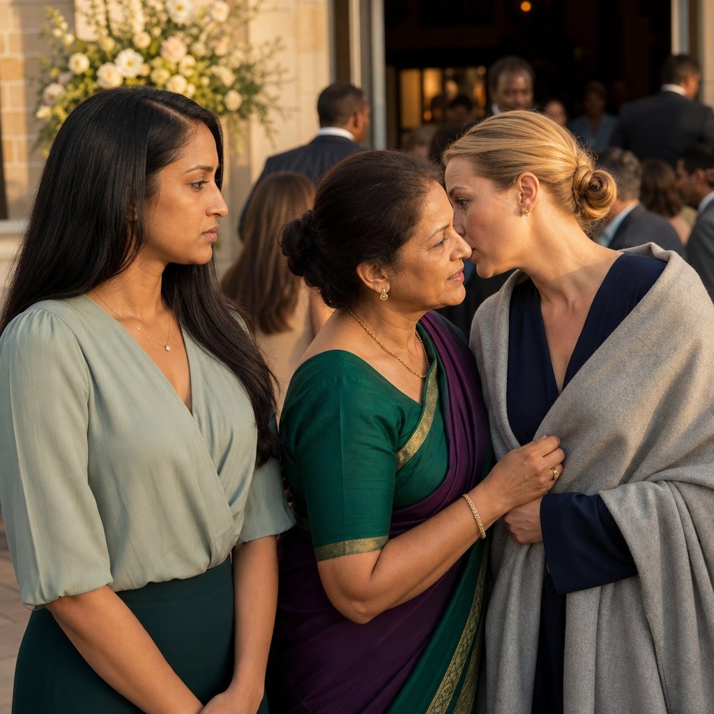 At the ceremony entrance, the mother adjusts a blonde woman’s shawl as the blonde whispers and the narrator watches tensely.