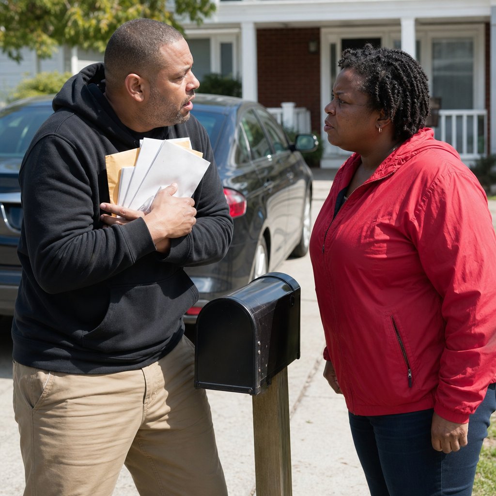 Mason caught intercepting mail in Iris’s driveway as she demands he hand it over.