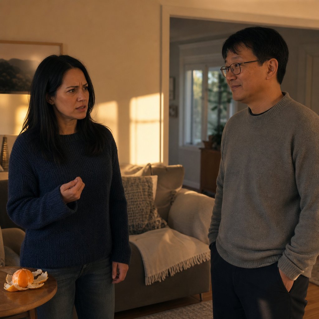 Mara confronts Evan after Sloane’s casual reply, her expression furious while he smiles too calmly.