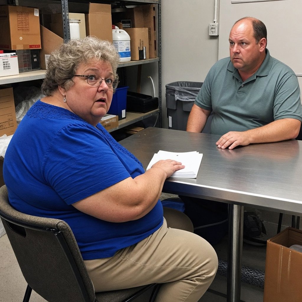 A gray-haired woman looks shocked over a stapled access-history packet as a facilities supervisor reacts to a buzzing phone.