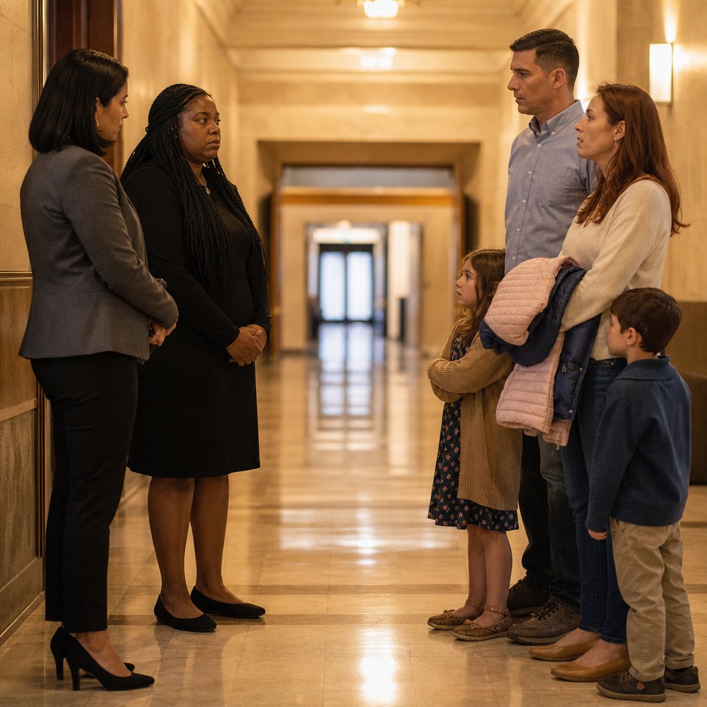 In a courthouse hallway, a tense mother faces her ex-husband and an unfamiliar woman holding her children’s jackets.