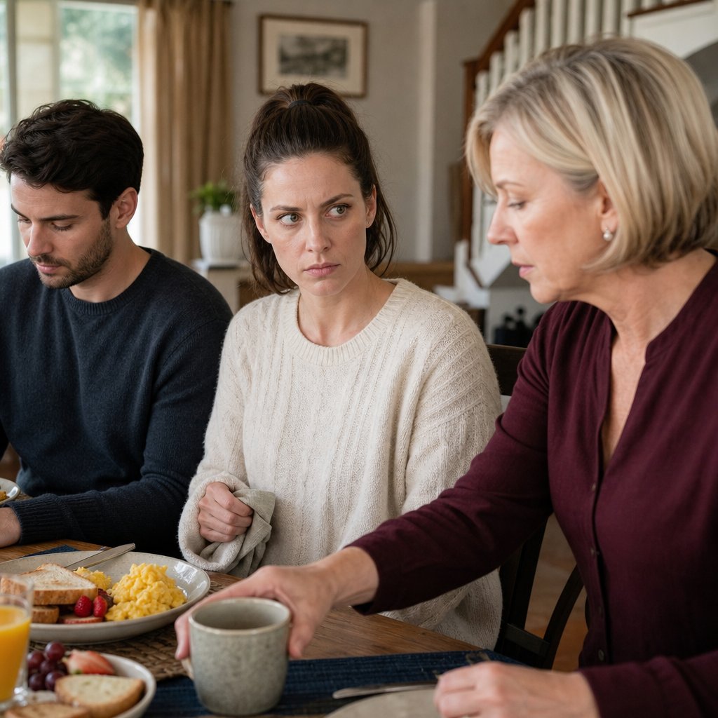 At a brunch table, Patricia sets down her coffee mug while Lena sits rigid and Nate looks down, tension thick between them.