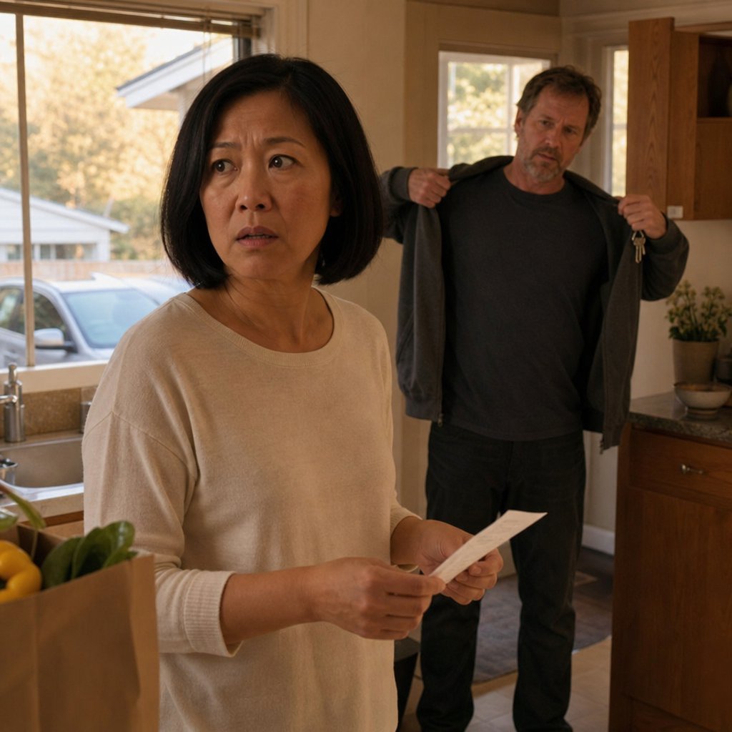 In a kitchen, Iris looks stunned while her husband grabs his keys to leave, with a car visible outside in the driveway.