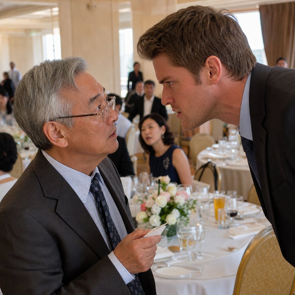 An older man with gray hair and reading glasses confronts a tense younger man in a ballroom while gripping a bent seating insert.