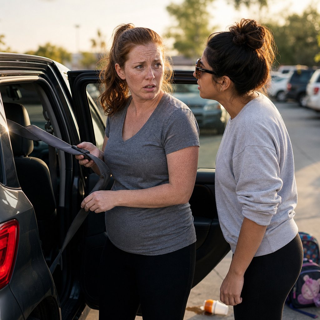 At school pickup, a red-ponytailed woman grips a child seatbelt while another mom whispers to her.