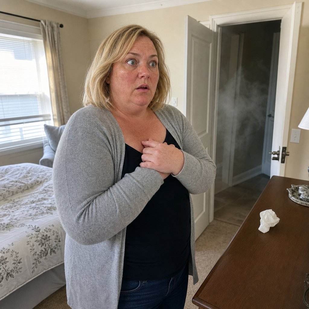 A freckled blonde woman clutches a phone to her chest in a guest room, staring in shock as steam drifts from a nearby bathroom.