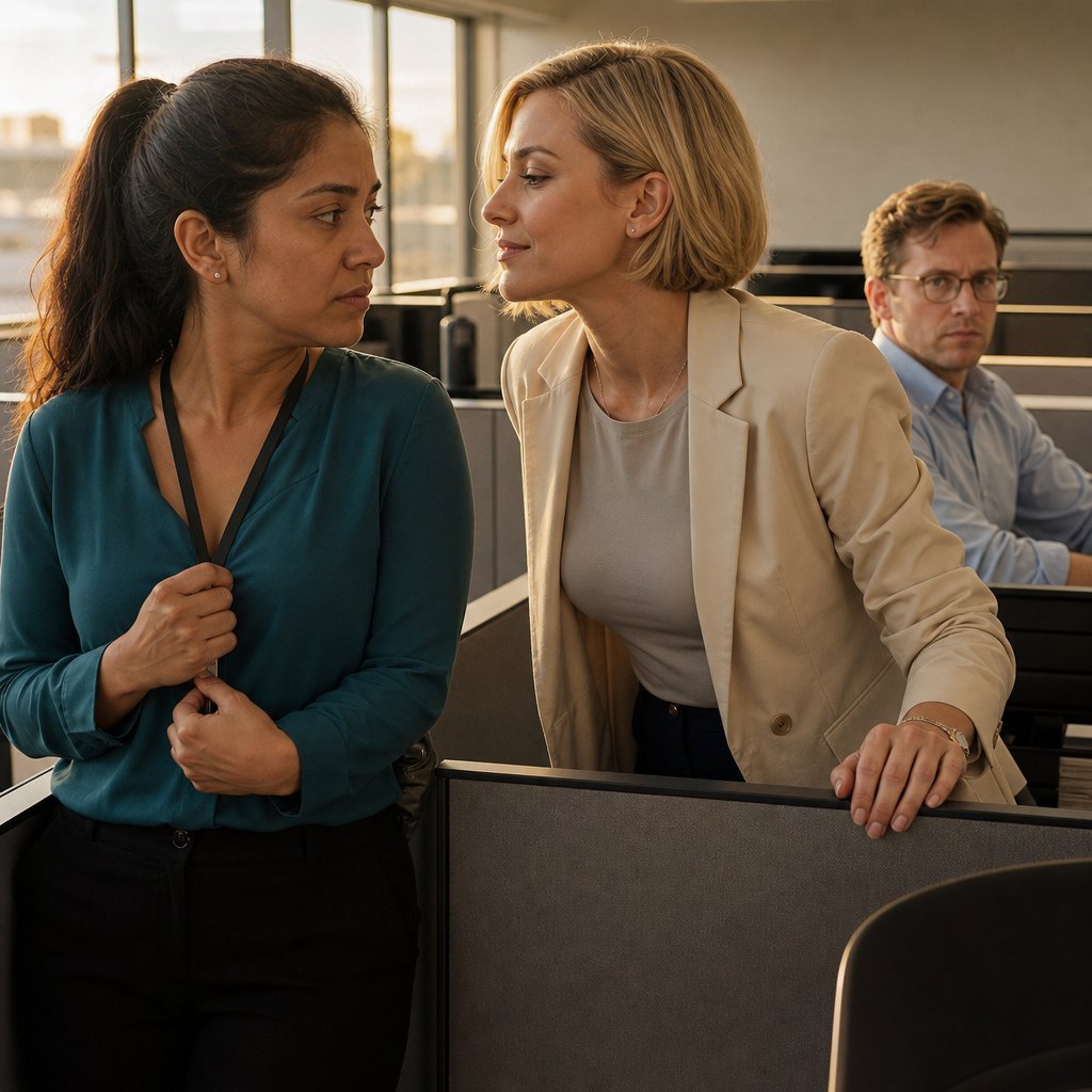 Lena leans in to speak to Mara in the office aisle while Elliot sits rigidly in the background.
