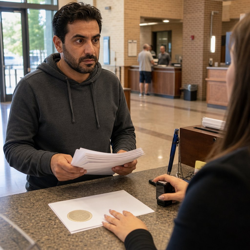 A tense man at a county records counter holds printed deed history pages as a clerk reaches for a stamp.