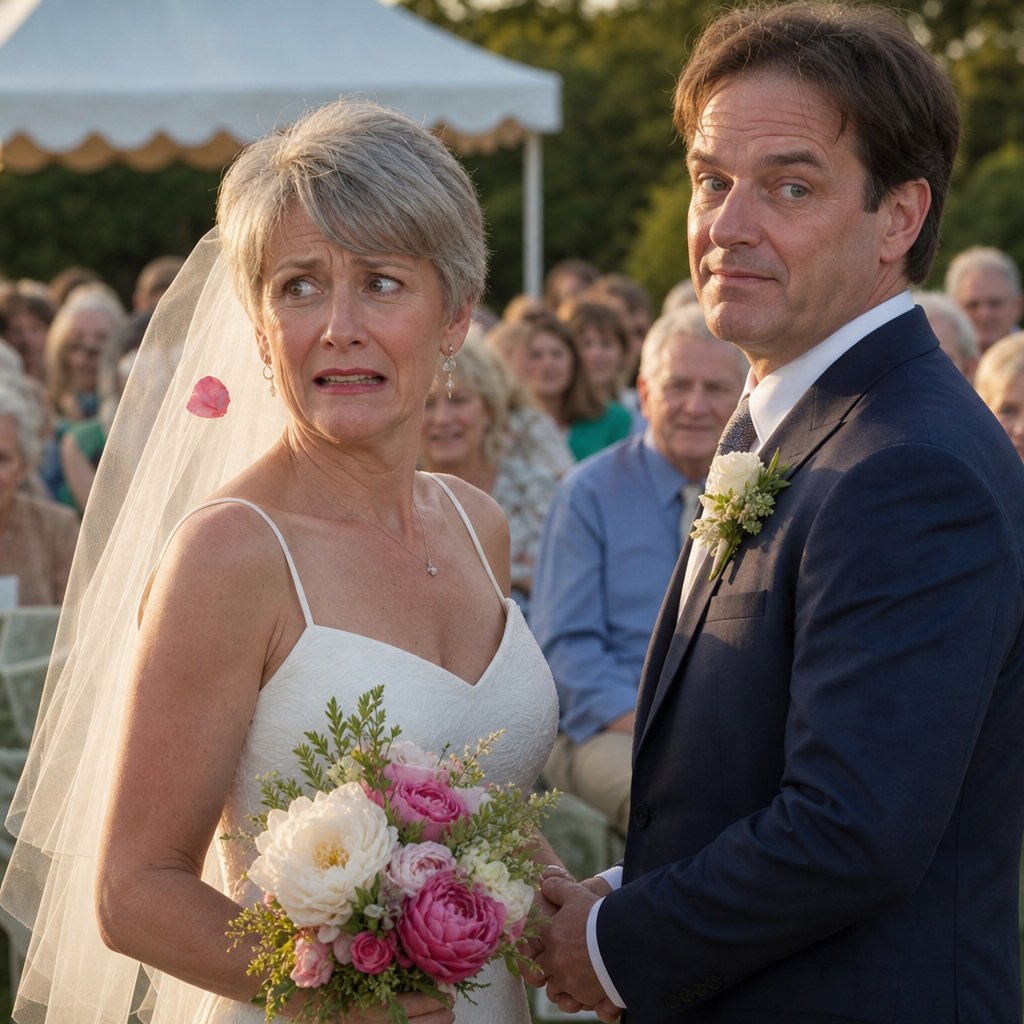 At the altar, Harper forces a smile while Noah grips her hands and stares past her shoulder.