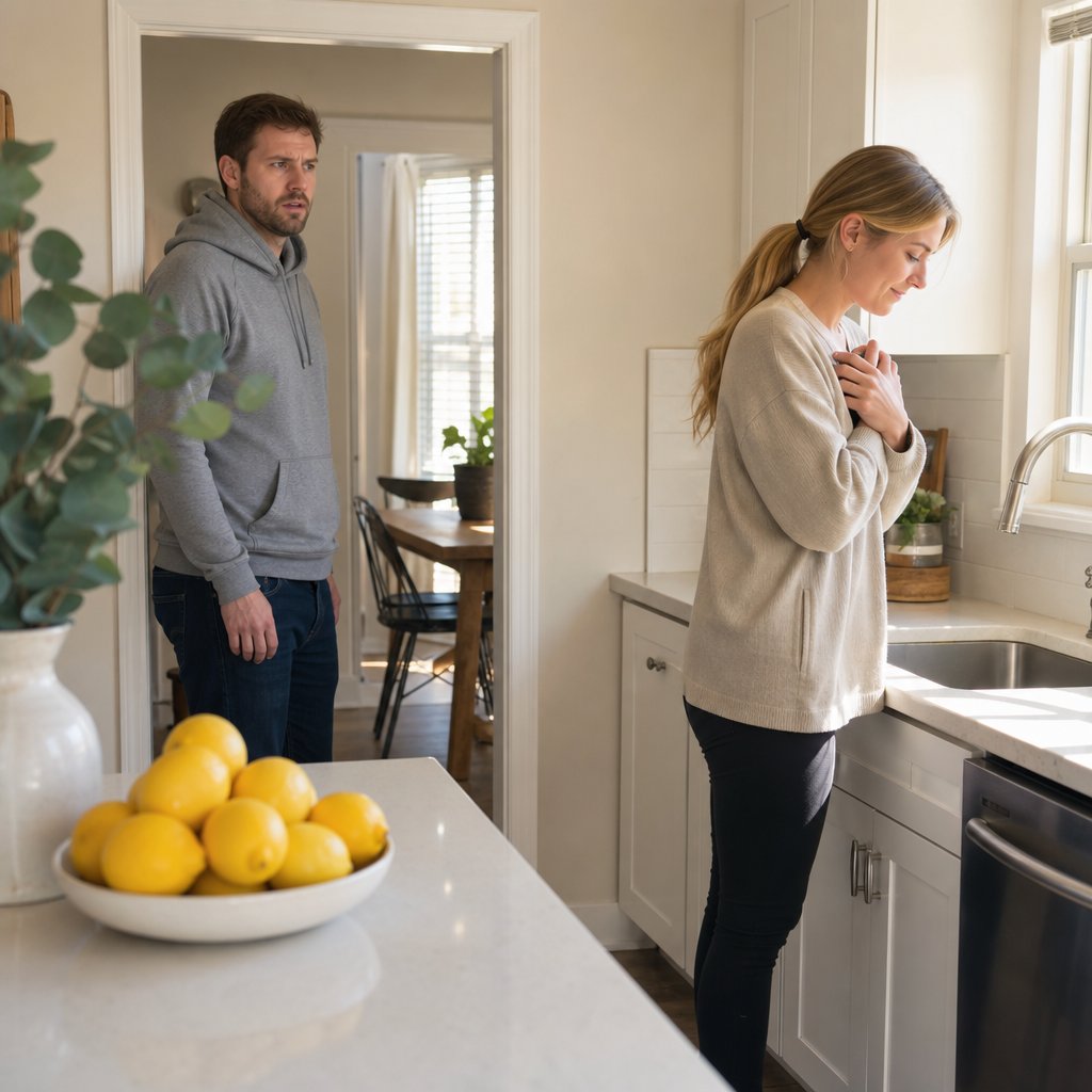 A tense man watches the nanny in the kitchen as she holds her phone close, the room staged like a photo shoot.