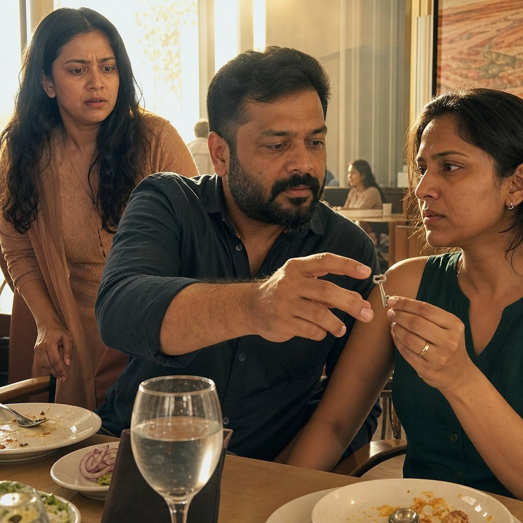 At a restaurant table, Mara holds up a tiny key while Ethan reaches for it and Priya looks alarmed.