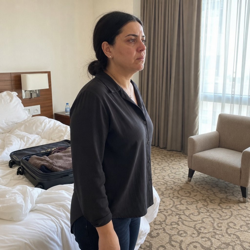Maren stands in a hotel room gripping a phone face-down, looking controlled but furious beside a half-zipped suitcase.