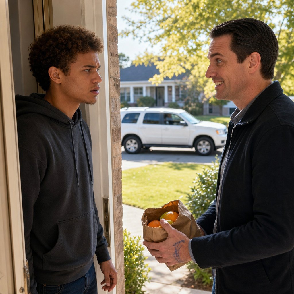 Mara stands in the doorway as Evan blocks his view while a white SUV idles across the street.