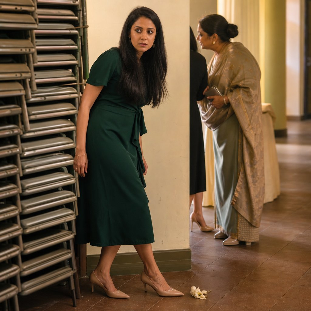 A tense woman pauses in a service hallway as she overhears her mother speaking urgently behind stacked chairs.