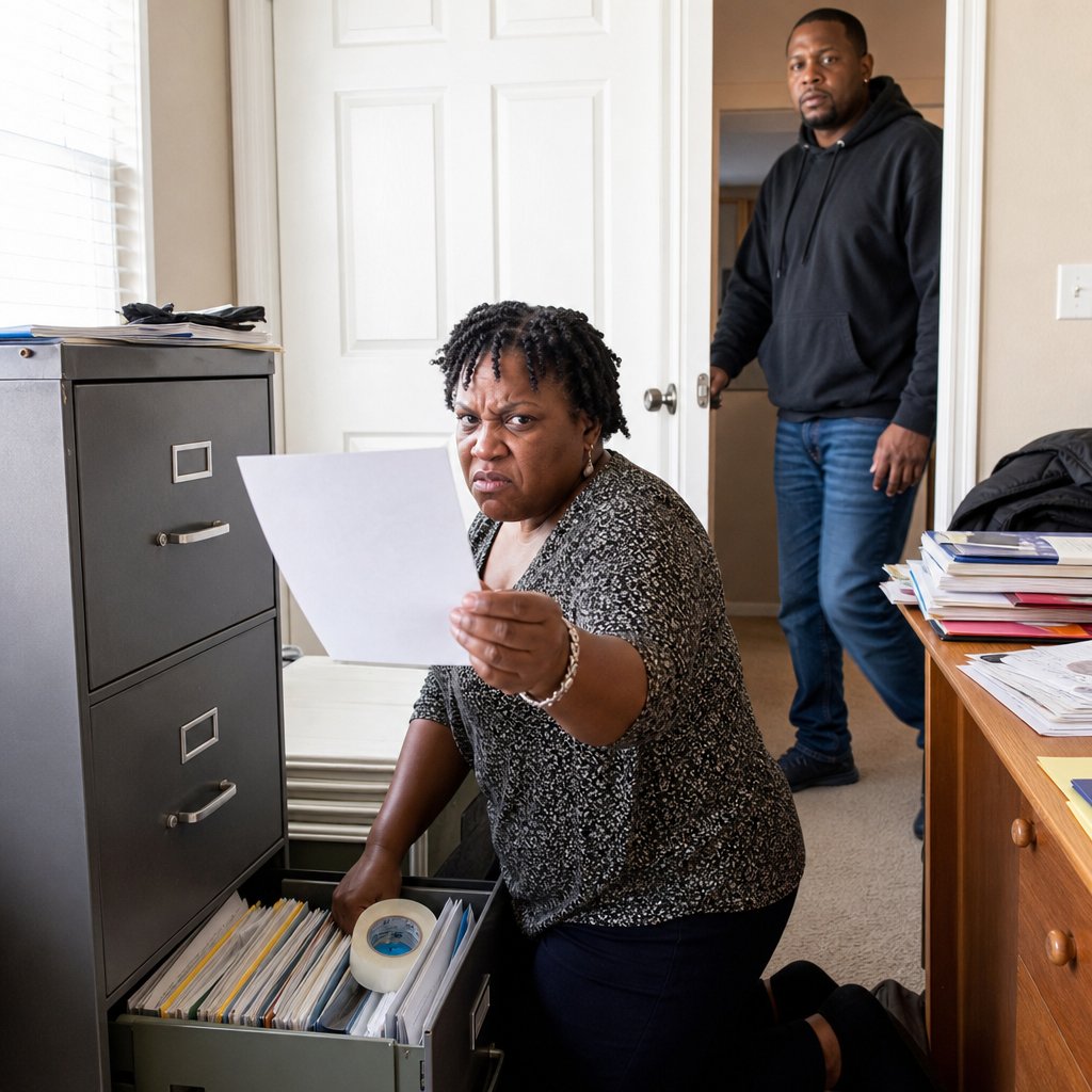 Iris kneels at an open filing cabinet holding up a paper while Mason stands frozen in the doorway.