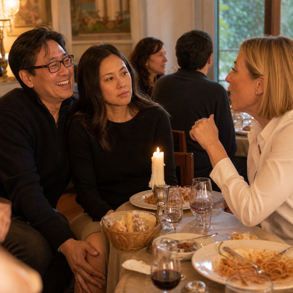 At a crowded dinner, Evan smiles at friends while gripping Mara’s knee under the table as Sloane leans forward to speak.