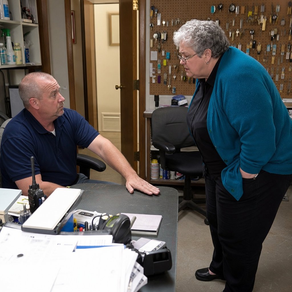 Ron presses his phone face-down while the gray-haired woman leans in, demanding answers in a Facilities office.
