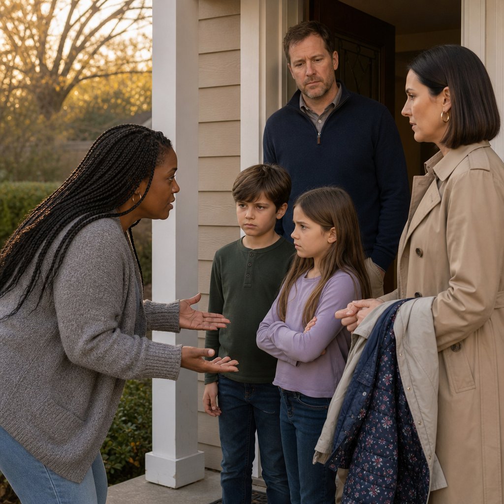 At a front doorway, a mother reaches toward her guarded children while their father and his partner hover behind them holding the kids’ jackets.