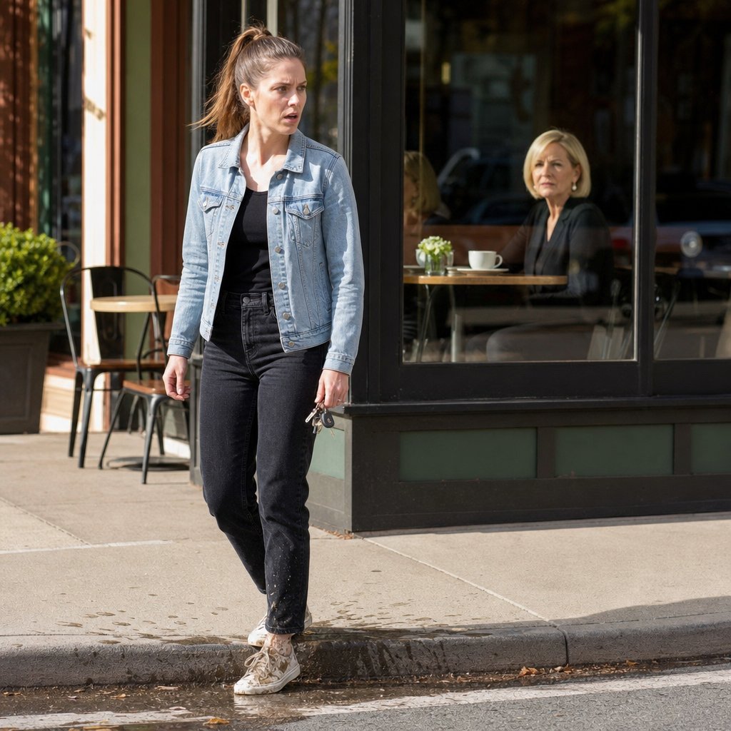 Lena stands outside a cafe looking stunned while Patricia watches from inside.