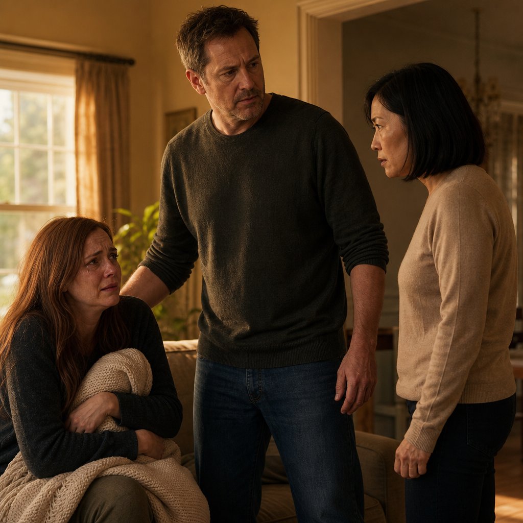 Mara cries on the couch while Iris confronts her and Iris’s husband stands protectively toward Mara.