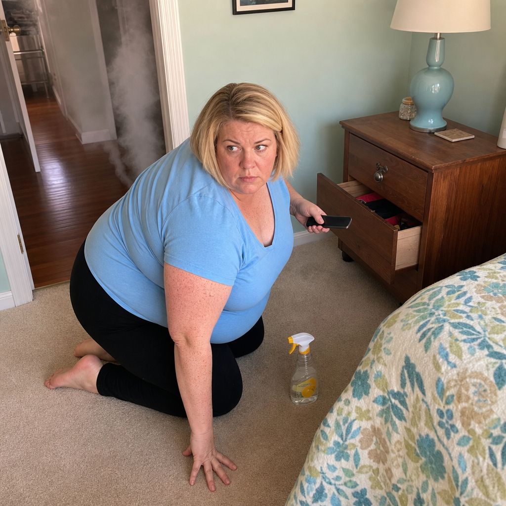 A freckled blonde woman kneels by a nightstand, tense and startled, gripping a phone as if she’s been caught mid-search.
