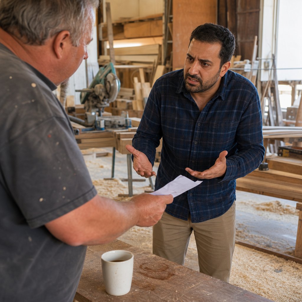 A contractor holds an invoice out of reach as a tense man leans in, trying to see the payment details.
