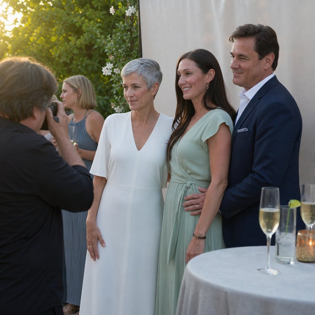A stranger in a green dress slips into Harper and Noah’s family photo while Noah guides Harper with a steady hand.
