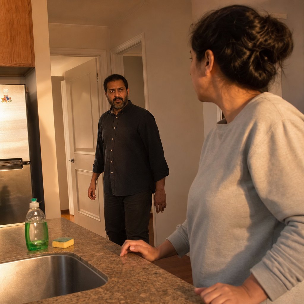 In a kitchen, Mara braces herself at the counter while Ethan stands in the doorway, suddenly silent.