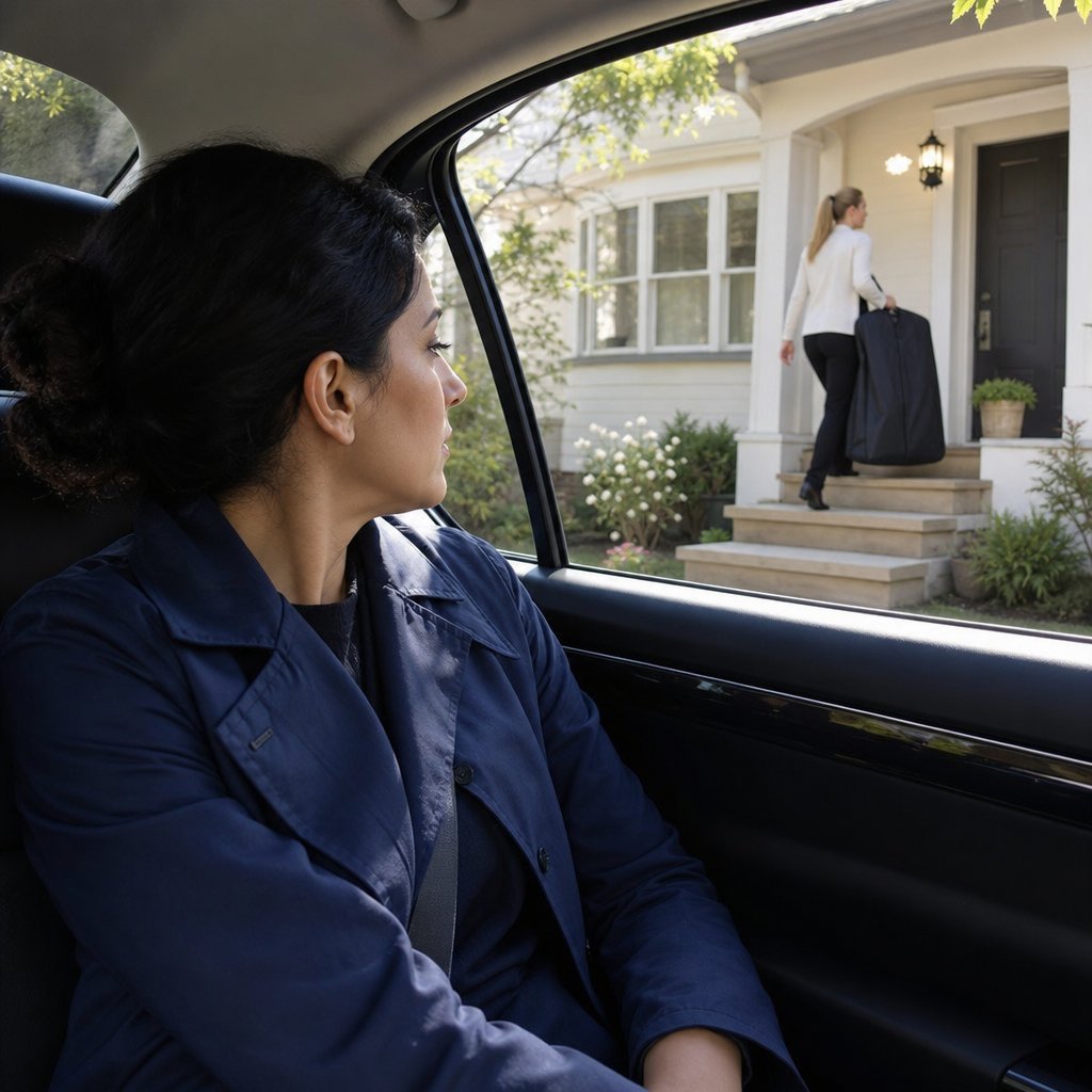 From a car, Maren watches as Tessa approaches her porch carrying a garment bag under the porch light.